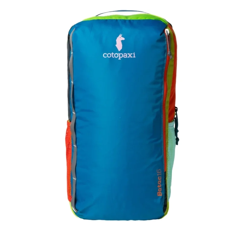Zaino daypack Cotopaxi Batac 16L Del Día in nylon ripstop blu e arancione vista frontale.