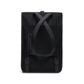 Vista posteriore con spallacci regolabili neri e tasca di sicurezza sullo schienale.