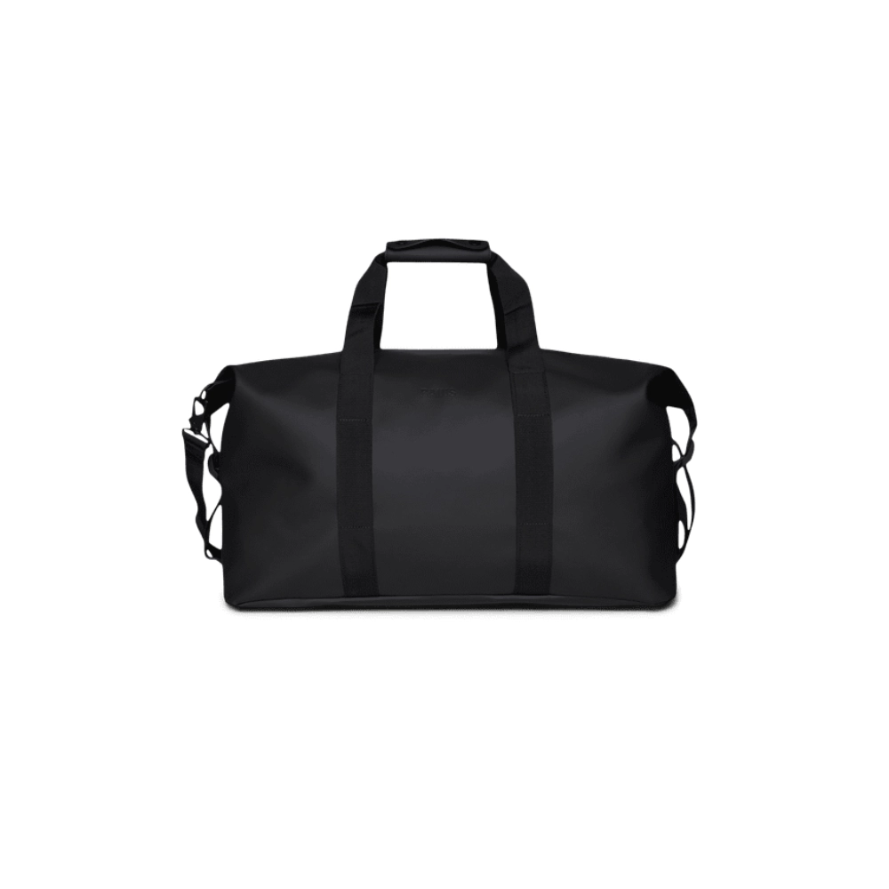 Rains Hilo Weekend Bag W3 nero borsone da viaggio minimalista in tessuto PU impermeabile.
