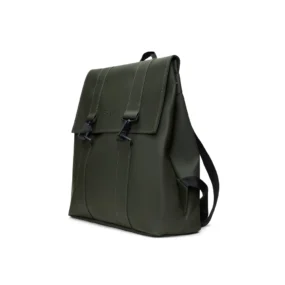 Vista di tre quarti che mostra i bottoni a pressione laterali e la chiusura a moschettone nera.