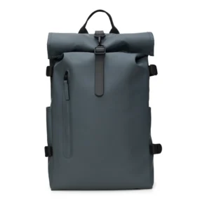 Zaino impermeabile Rains Rolltop Rucksack Large W3 colore Lagoon grigio 23L con tasca frontale.