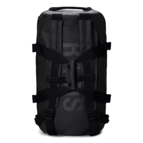 Borsone Rains Texel Duffel Bag Small nero 43 litri con spallacci per uso zaino.