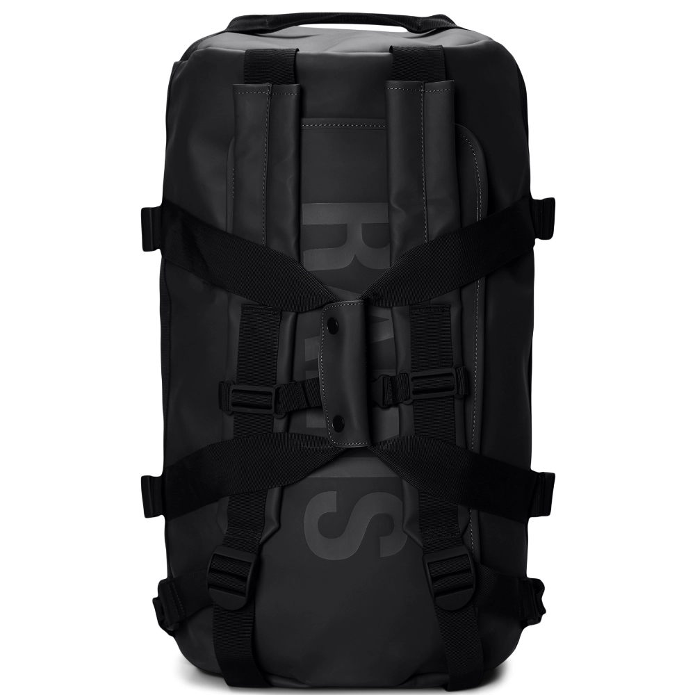 Borsone Rains Texel Duffel Bag W3 nero 56 litri con spallacci a zaino regolabili.