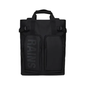 Zaino tote Rains Texel Tote Backpack W3 nero da 17 litri con doppia tasca frontale e manici superiori.