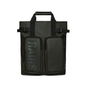 Zaino tote Rains Texel Tote Backpack W3 verde da 17 litri con manici superiori e doppie tasche frontali.