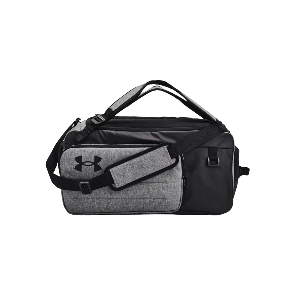Borsone Under Armour Contain Duo MD BP Duffle grigio da 50 litri con spallacci e logo a contrasto.