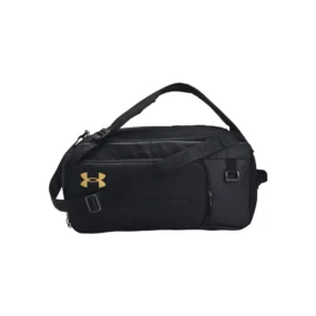 Borsone Under Armour Contain Duo SM BP Duffle nero da 40 litri con spallacci e logo dorato.