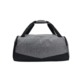 Vista posteriore del borsone sportivo grigio con doppi manici superiori e fondo nero resistente.