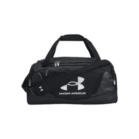 Borsone compatto Under Armour Undeniable 5.0 Duffle SM nero da 40 litri con logo frontale argento.
