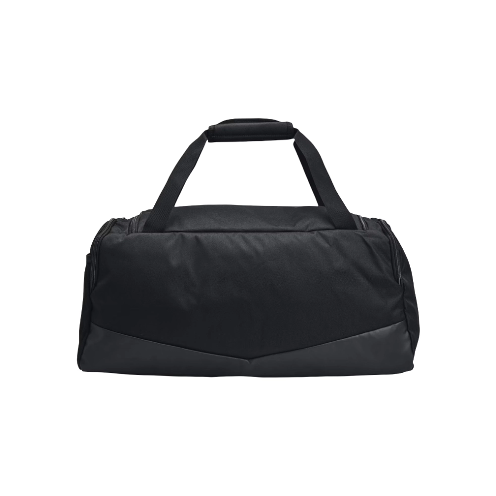 Vista posteriore dal design pulito del borsone sportivo nero, con doppi manici e fondo resistente.
