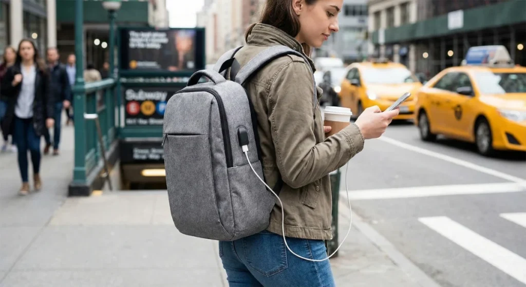 Una donna cammina per una strada cittadina trafficata e utilizza il suo smartphone, che è collegato tramite un cavo alla porta USB esterna del suo zaino grigio per ricaricarsi mentre è in movimento.
