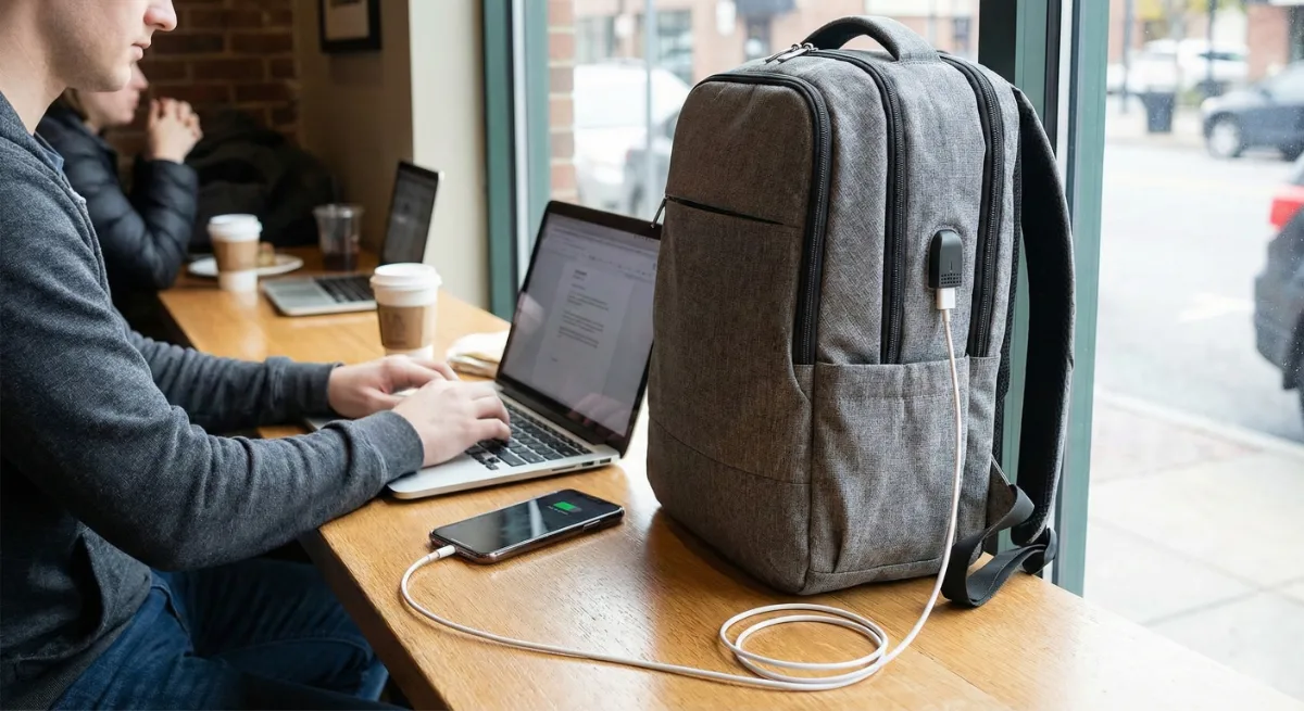 Un uomo seduto a un bancone di legno in una caffetteria lavora al suo computer portatile; accanto a lui, uno smartphone è in carica, collegato tramite un cavo USB bianco alla porta esterna integrata nel lato del suo zaino grigio appoggiato sul tavolo.