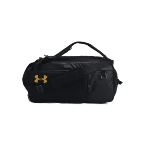 Borsone Under Armour Contain Duo MD BP Duffle nero da 50 litri con spallacci e maxi logo dorato.