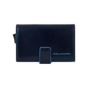 Piquadro Blue Square portacarte in metallo blu. Vista frontale in pelle con chiusura a bottone e logo azzurro.