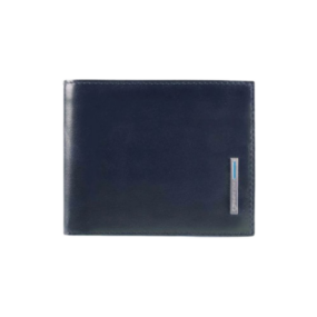 Portafoglio Piquadro Blue Square blu in pelle con placchetta logo in metallo e profili azzurri.
