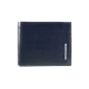 Piquadro Blue Square portafogli in pelle con portamonete blu. Vista frontale con placchetta metallica logata.