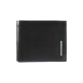 Piquadro Blue Square portafogli in pelle nero. Vista frontale con placchetta metallica logata e profilo azzurro a contrasto.