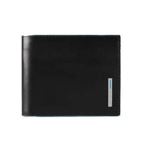 Piquadro Blue Square portafogli nero in pelle. Vista frontale con profilo azzurro a contrasto e placchetta metallica.