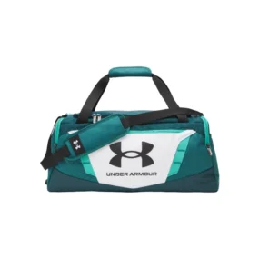 Borsone sportivo Under Armour Undeniable 5 verde ottanio e bianco con maxi logo frontale.