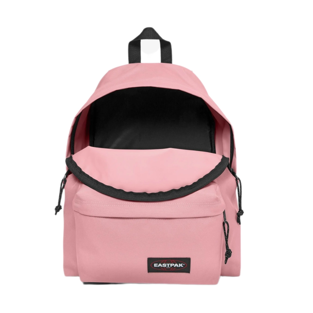 Interno capiente dello zaino rosa con ampia apertura a zip e fodera nera.