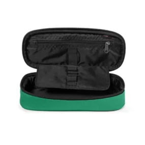 Interno organizzato dell'astuccio con tasca con zip e pannello dotato di passanti elastici per penne.