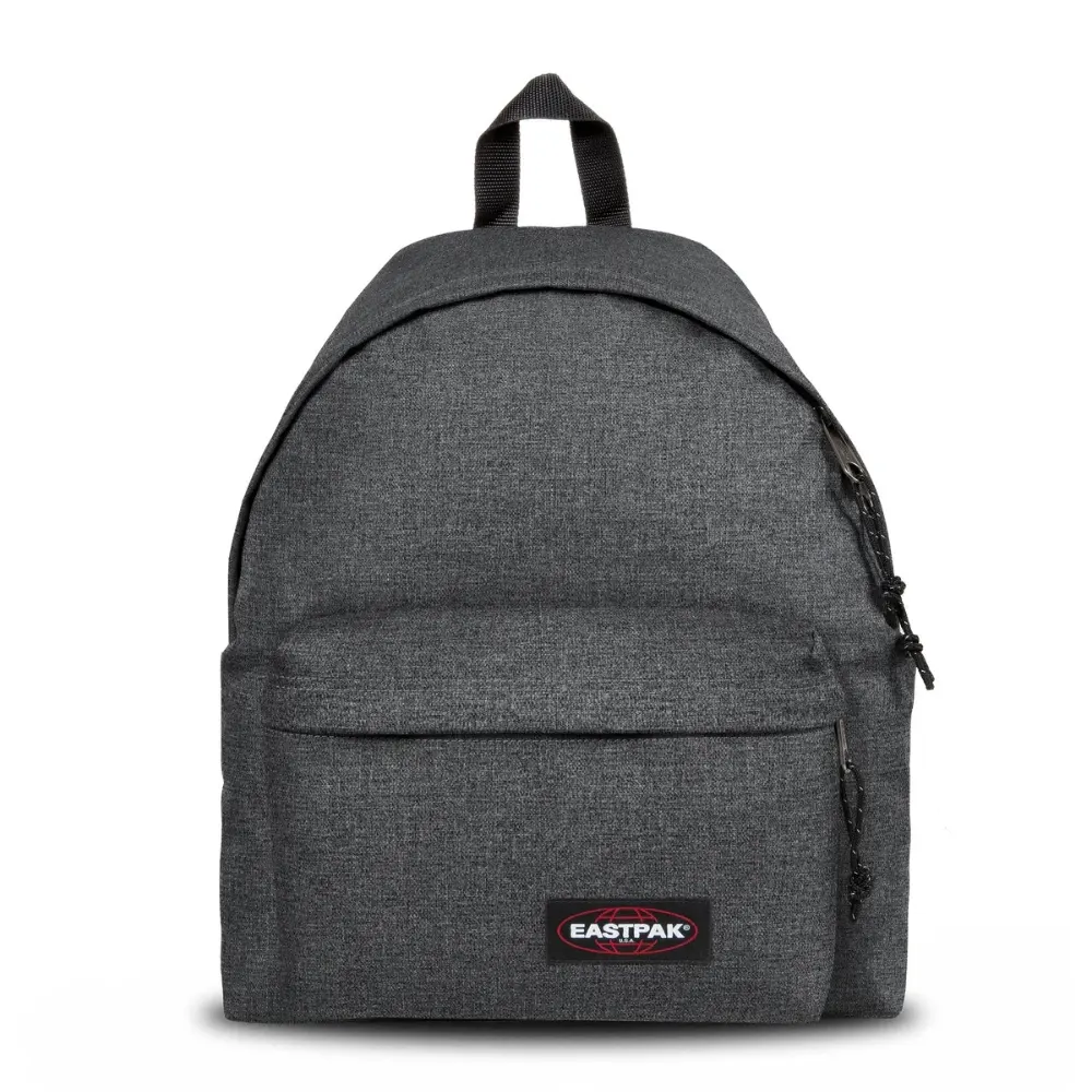 Zaino Eastpak Padded Pak'r Black Denim grigio scuro con tasca anteriore.