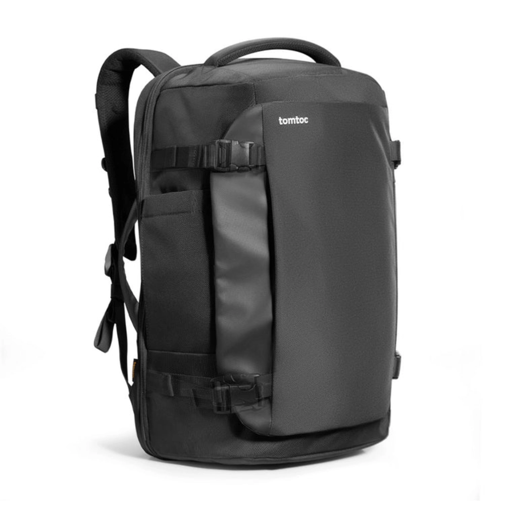 Zaino da viaggio Tomtoc Navigator T66 40L nero in tessuto resistente vista frontale.