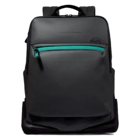 Piquadro Corner 2.0 nero zaino porta pc con pannello frontale liscio e tasca con zip azzurra.