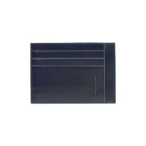 Piquadro portacarte di credito uomo blu in pelle con slot orizzontali e logo metallico.