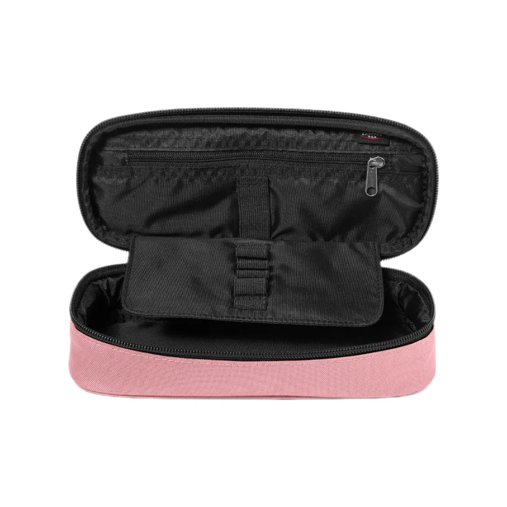Interno dell'astuccio Eastpak Oval Single rosa pastello aperto, con organizer per penne e tasca interna con zip
