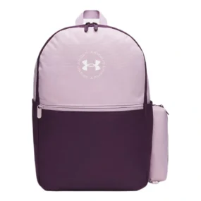 Zaino Under Armour Essential Printed rosa e prugna con astuccio laterale rimovibile.