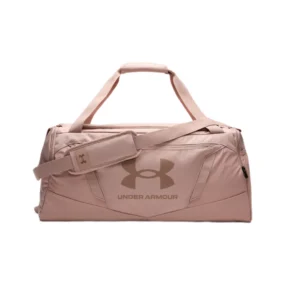 Borsone sportivo Under Armour Undeniable 5.0 Medium rosa con tracolla imbottita e scomparto frontale.